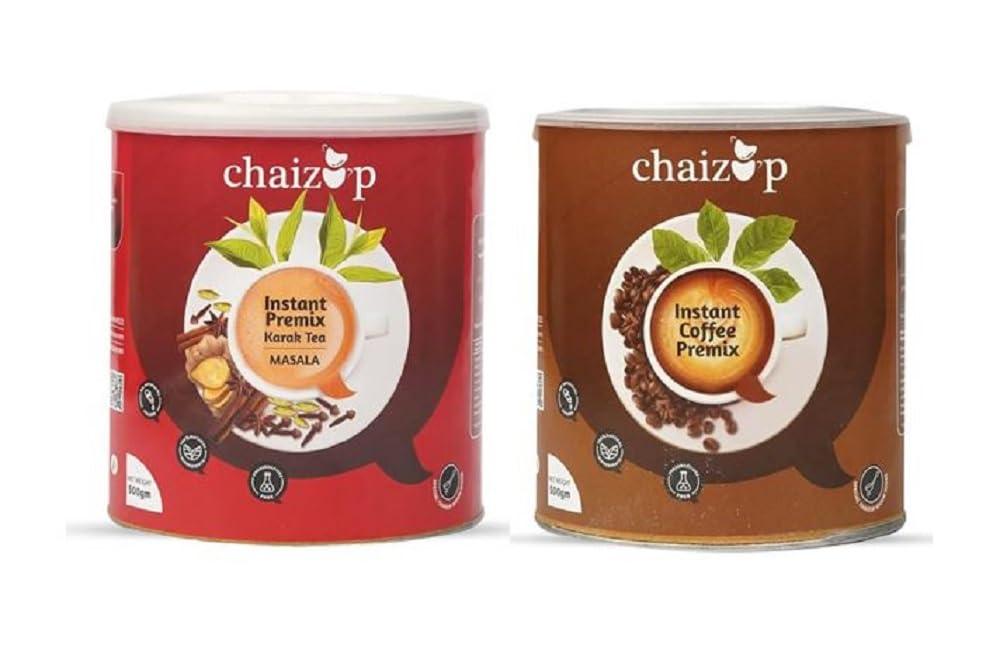 Chaizup Premium 1 Min Instant Assorted Coffee & Tea Pack - 500g Cans (Pack of 2) | Regular Coffee & Masala Tea Flavours | Approx. 72 Servings | 1kg